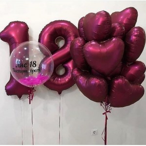 Композиция из гелевых шариков с шаром с перьями и сердцами на 18 лет