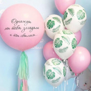 Композиция из гелиевых шаров на выписку доченьки в розовом цвете и с шарами с тропическими листьями