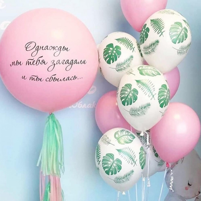 Композиция из гелиевых шаров на выписку доченьки в розовом цвете и с шарами с тропическими листьями