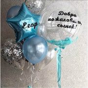 Композиция из гелиевых шаров с шаром с перьями и звездой на встречу малыша из роддома