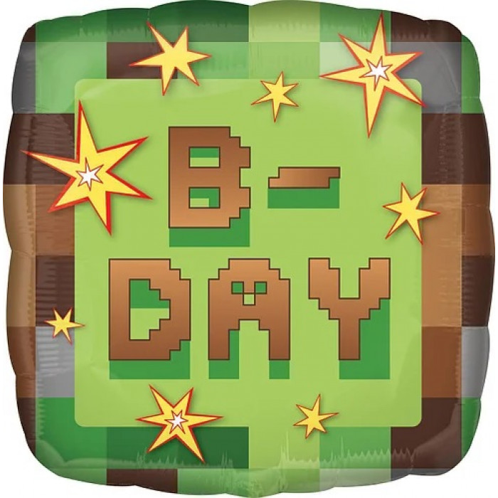 Шар-квадрат Майнкрафт с надписью День рождения (B-day)