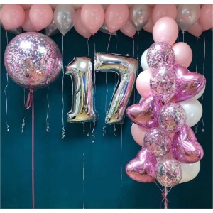 Сет в розовых тонах и большим шаром конфетти на 17 лет