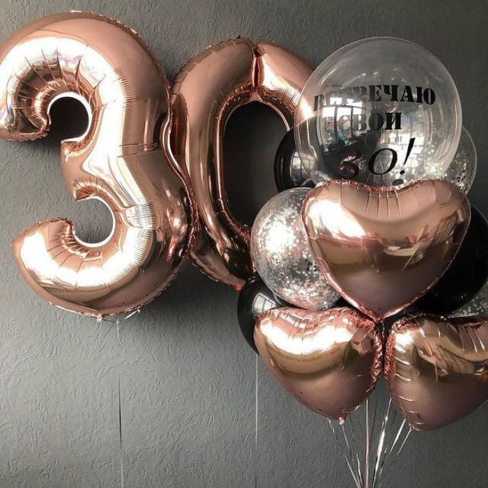 Композиция с сердечками и шаром баблс (bubbles) на 30 лет девушке