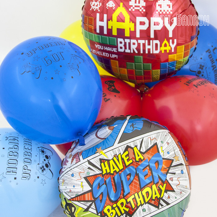 Шар-круг Игра пиксели, С Днем рождения (Happy birthday), красный