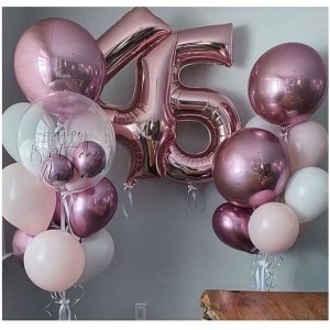 Композиция в цвете розовое золото со сферами и гелиевыми шариками на 45 лет женщине