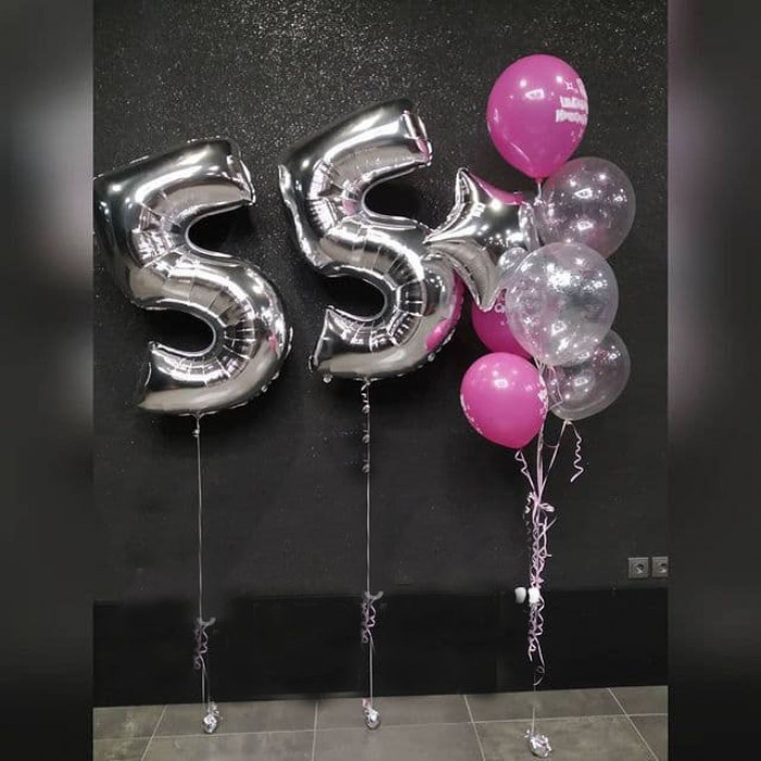 Фонтан с шариками фуксия и серебряным конфетти на 55 лет любимой женщине