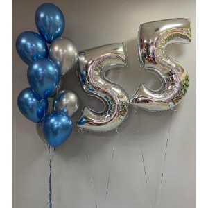 Фонтан с синими и серебряными шарами хром и цифрами на 55 лет мужчине