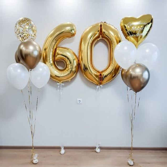 Два фонтана в золотой гамме с шарами хром и конфетти на 60 лет с сердцем
