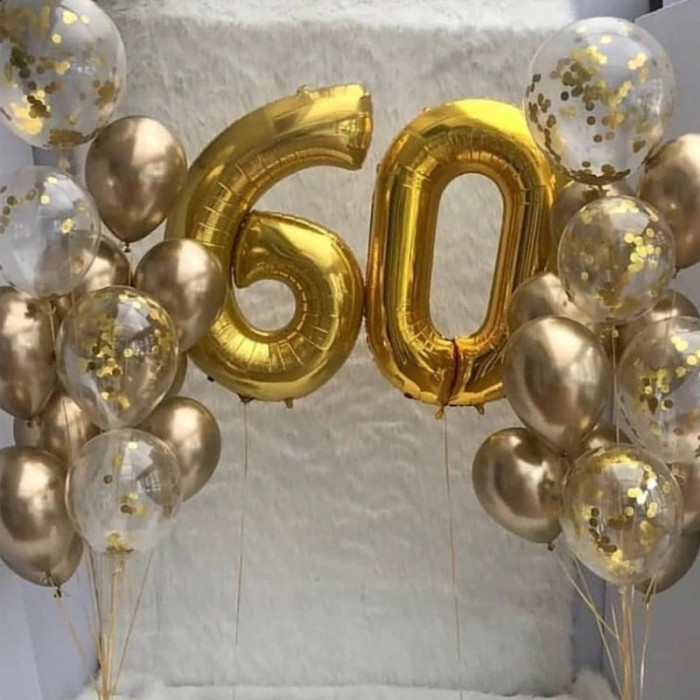 Сет с золотыми шарами хром и конфетти с цифрами на 60 лет