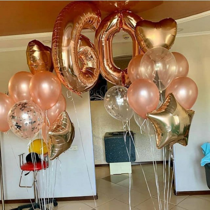 Композиция со звездами и сердцами в цвете розового золота на юбилей 60 лет женщине