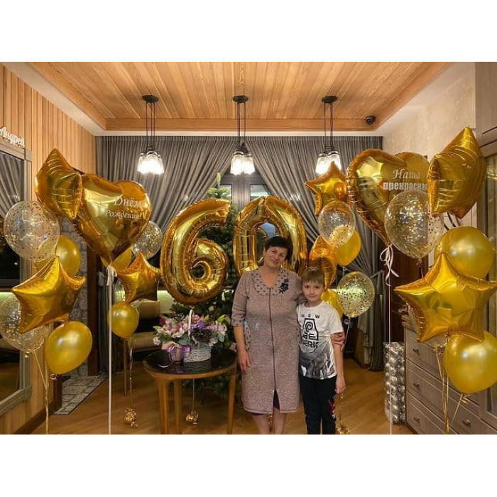 Набор с огромными золотыми сердцами и фонтанами в золоте на юбилей 60 лет