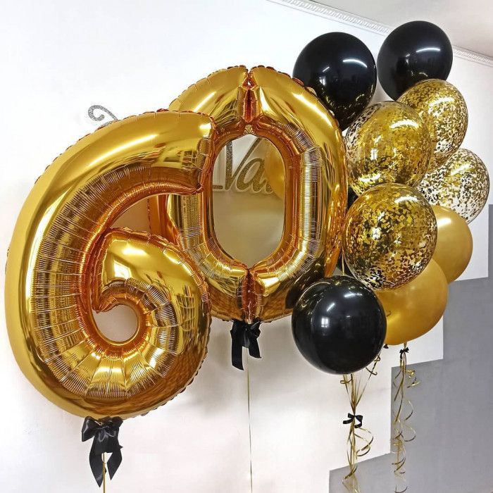Композиция с золотыми шарами конфетти и черными шарами на 60 лет мужчине