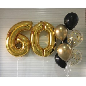 Фонтан с черно-золотыми шарами, шарикам с конфеттии цифрами на 60 лет мужчине