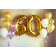 Два букета с сиреневыми и бело-золотыми шариками на 60 лет женщине 