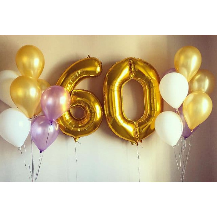Два букета с сиреневыми и бело-золотыми шариками на 60 лет женщине