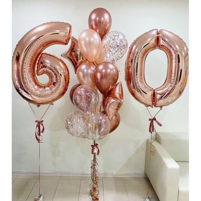 Фонтан с шарами хром и конфетти розовое золото с цифрами на 60 лет для женщины