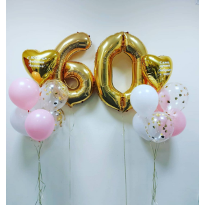 Композиция с двумя букетами с розовыми и белыми шариками на 60 лет мамочке