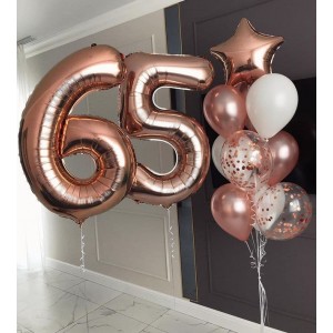 Фонтан Розовое золото со звездой и гелиевыми шариками женщине на 65 лет