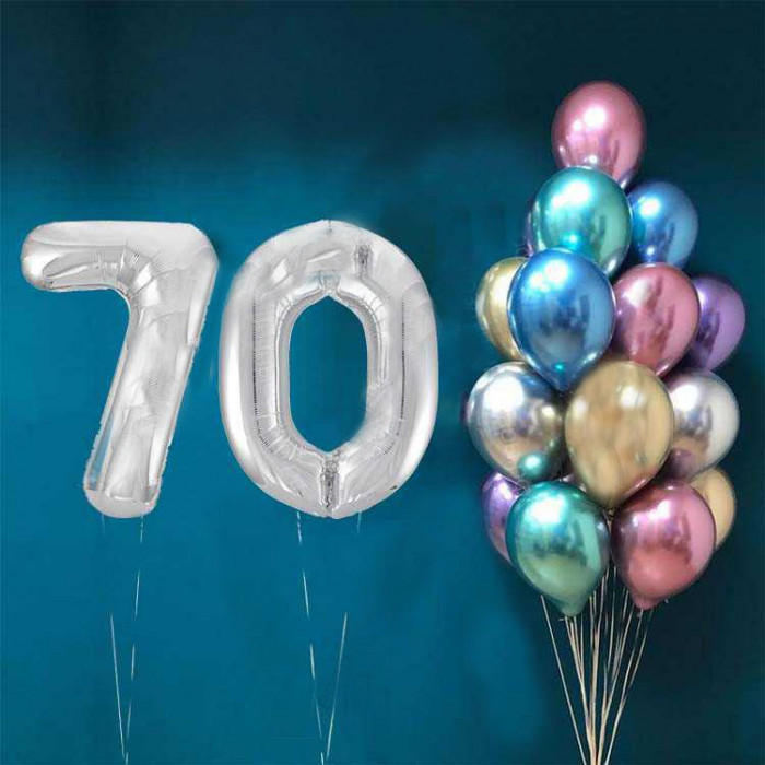 Букет шариков хром с двумя цифрами на 70 лет