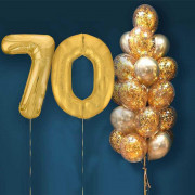 Композиция с букетом из золотых шаров хром и конфетти на 70 лет