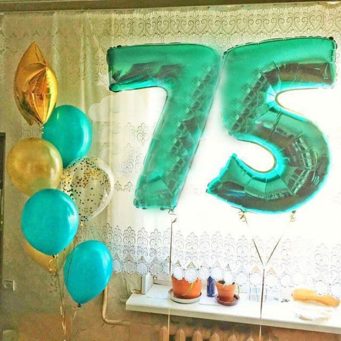 Фонтан с цифрами и шариками в золотом и тиффани цвете на 75 лет
