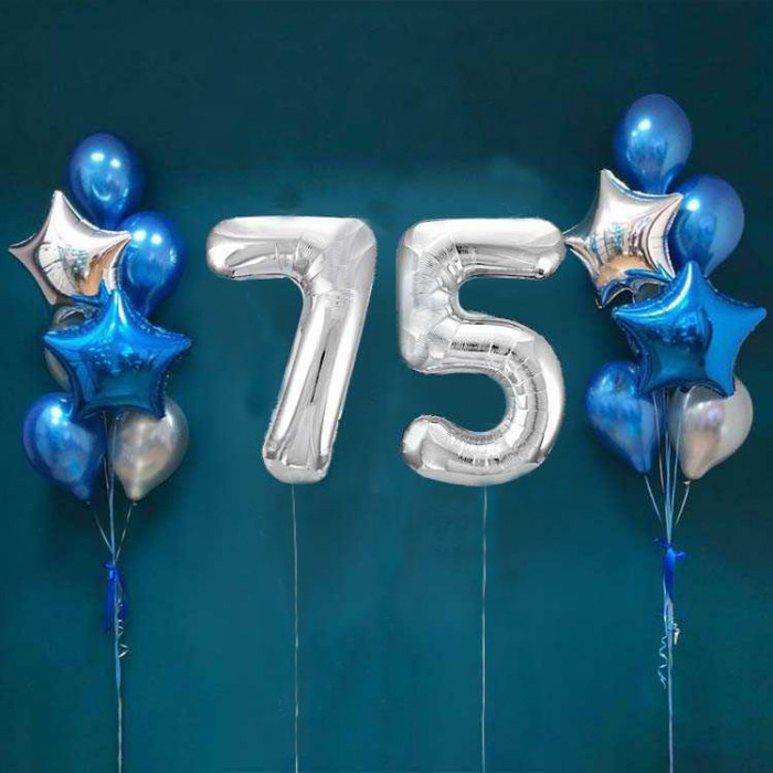 Композиция в синем цвете с двумя фонтанами и цифрами на 75 лет для мужчины