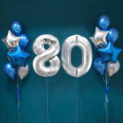 Композиция в синем цвете с двумя фонтанами и цифрами на 80 лет для мужчины