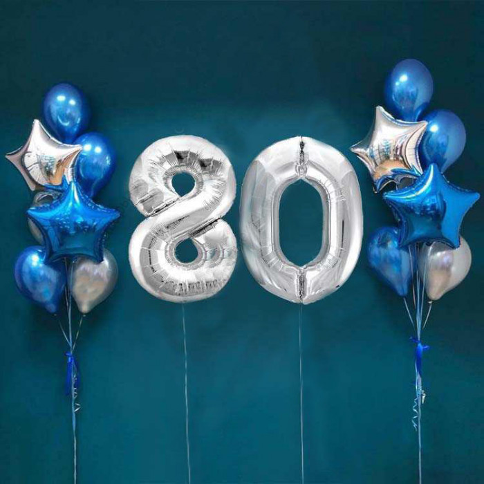 Композиция в синем цвете с двумя фонтанами и цифрами на 80 лет для мужчины