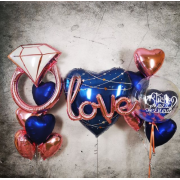 Набор девушке с гирляндой Любовь (Love), шаром баблс (bubbles) и кольцом в синем цвете на предложение стать женой