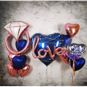 Набор девушке с гирляндой Любовь (Love), шаром баблс (bubbles) и кольцом в синем цвете на предложение стать женой