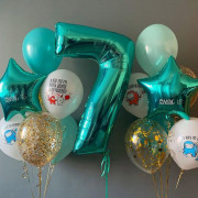 Композиция в цвете тиффани на 5 лет с цифрой и шариками с амонг асиками
