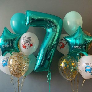 Композиция в цвете тиффани на 5 лет с цифрой и шариками с амонг асиками
