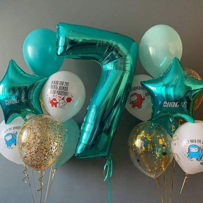 Композиция в цвете тиффани на 5 лет с цифрой и шариками с амонг асиками