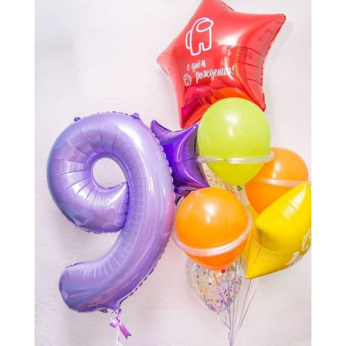 Фонтан с нежной сиреневой цифрой и звездами с амонг ас на 9 лет