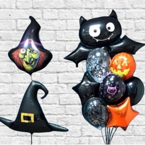 Композиция Пора на Хэллоуин (Halloween) с ведьмой, волшебной шляпой и фонтаном с летучей мышью