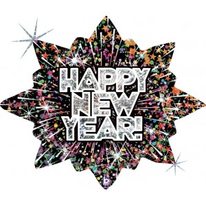 Фигурный шар Салют новогодний, голография, Счастливого Нового Года (Happy new year)