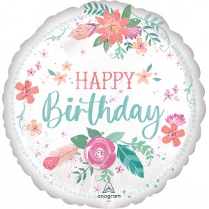 Шар-круг с цветами, белый, С Днем рождения (Happy birthday)