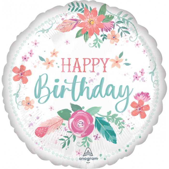Шар-круг с цветами, белый, С Днем рождения (Happy birthday)