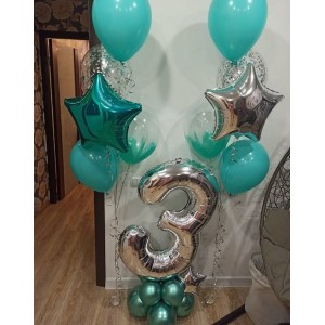 Композиция на 3 года из шаров тиффани, звезд и цифры