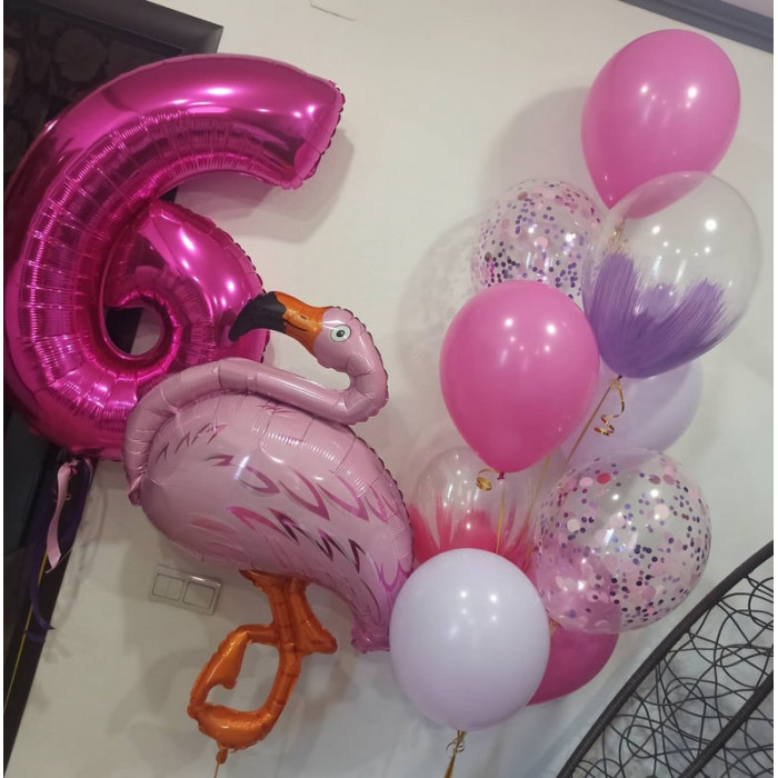 Композиция с розовым фламинго и шарами браш на 6 лет
