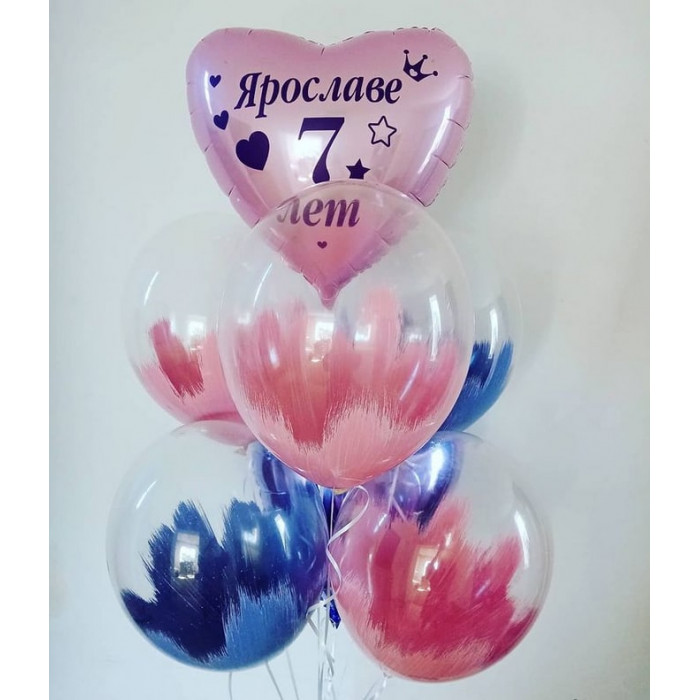 Фонтан на 7 лет девочке с шарами-красками браш и розовым сердцем