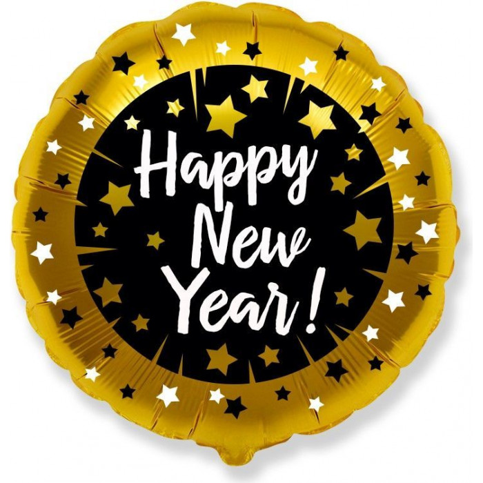 Шар-круг Новогодний С Новым Годом (Happy New year), черно-золотой