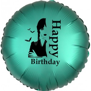 Шар-круг с Днем рождения (Happy Birthday) вместе с Уэнсдей, изумрудный сатин