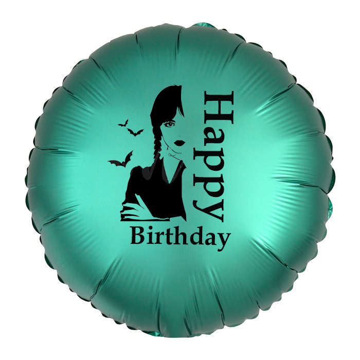 Шар-круг с Днем рождения (Happy Birthday) вместе с Уэнсдей, изумрудный сатин