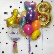 Набор шаров Блогеру на 8 лет с пузырем баблс (bubbles) с перьями, цифрой и пальцем вверх
