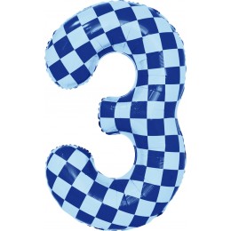 Шар цифра 3, клеточки, голубой, 86 см