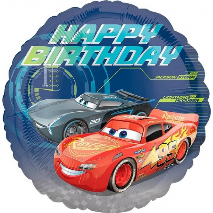 Шар круг "Гоночные машинки, С Днем рождения (Happy birthday)"