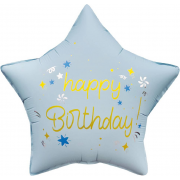 Шар звезда "С Днем рождения (Happy birthday)", праздничные искры, голубой сатин