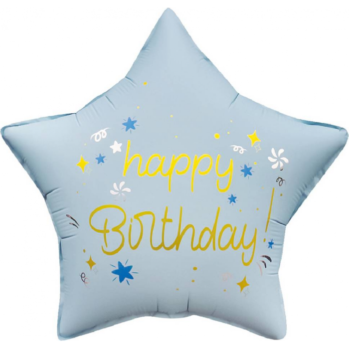 Шар звезда "С Днем рождения (Happy birthday)", праздничные искры, голубой сатин
