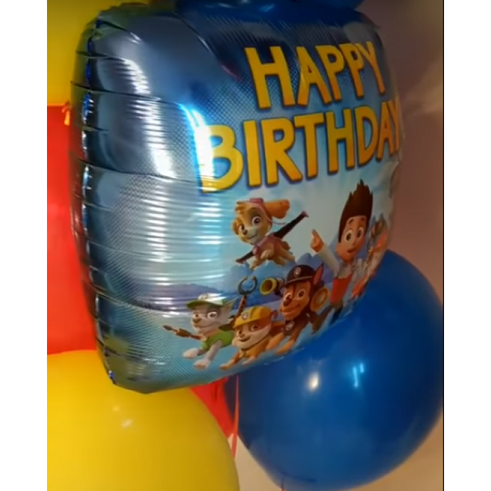 Шар-квадрат Щенячий патруль на день рождения (Happy Birthday) синий